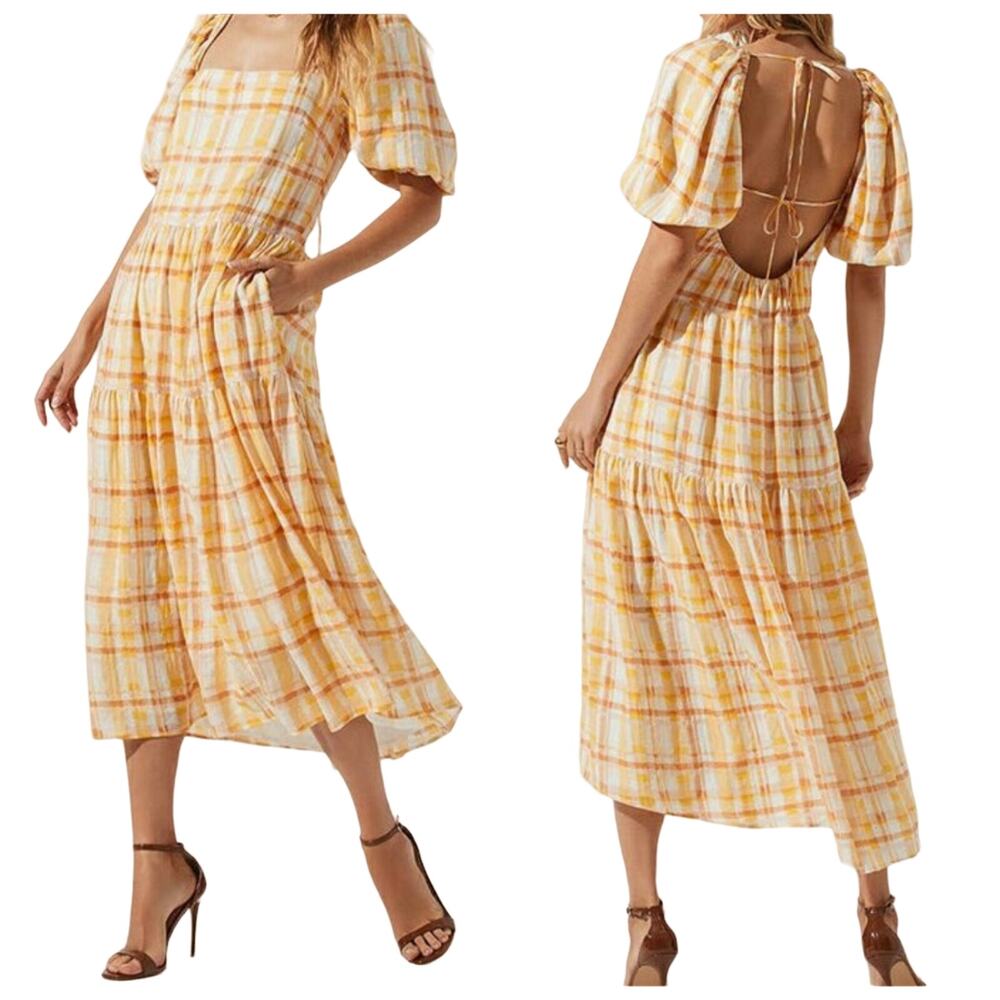 ASTR The Label Ilana Puff Sleeve Tiered Midi Dress Orange Yellow Plaid M New